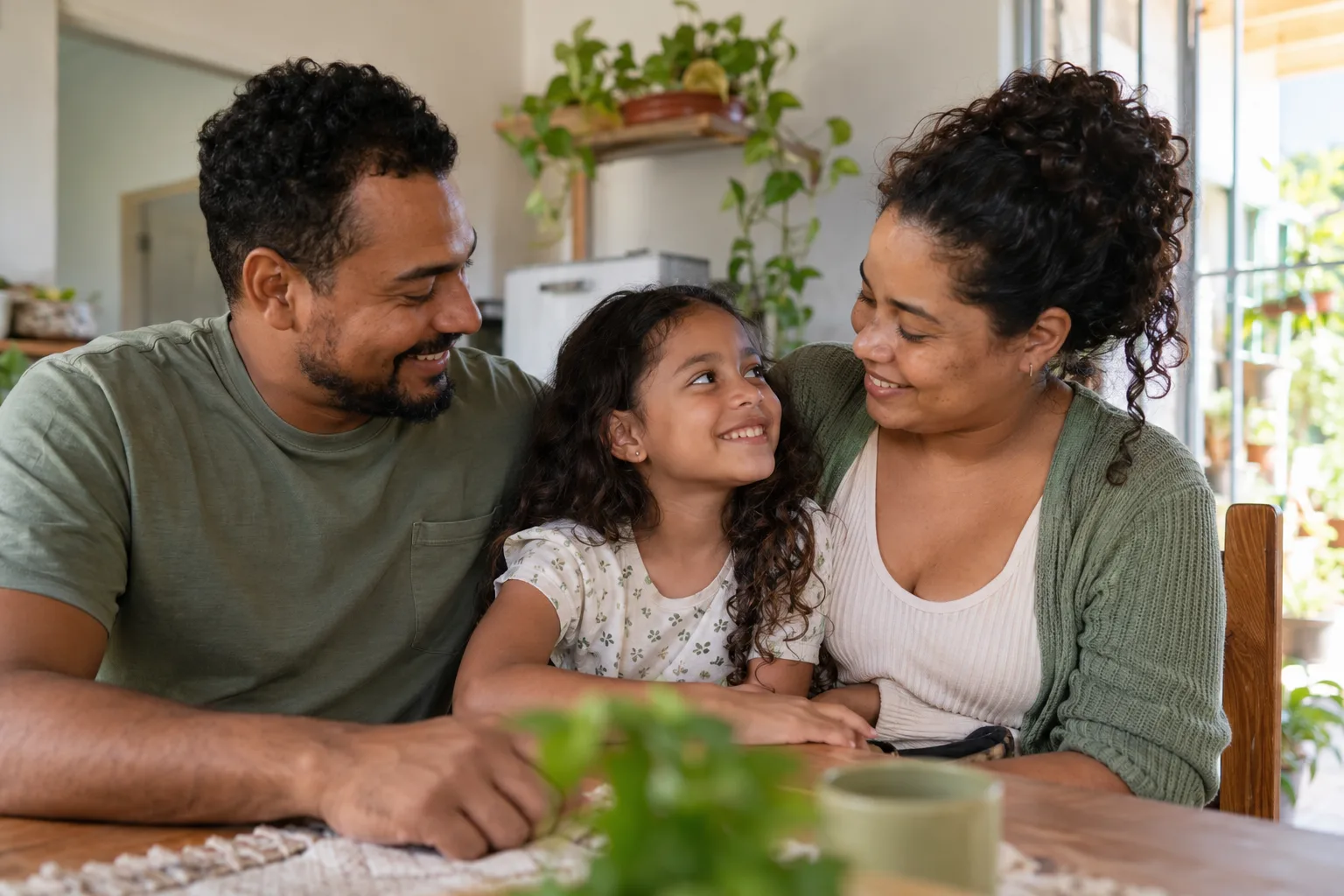 Mãe, pai e filha compartilham um momento de carinho à mesa de casa.